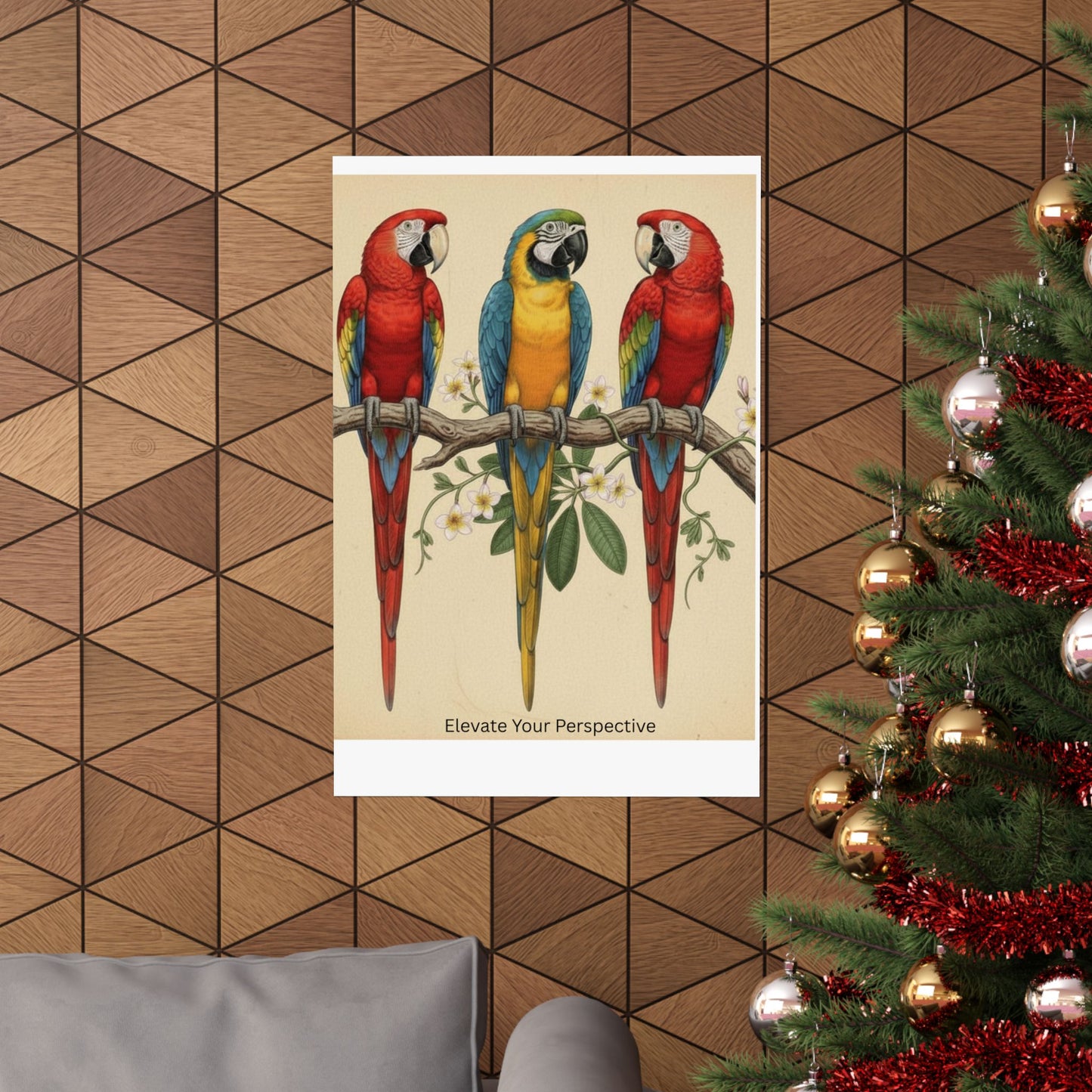 Elevate Your Perspective Macaw Poster — Three Tropical Parrots Wall Art Print Nature Bird Lover Gift