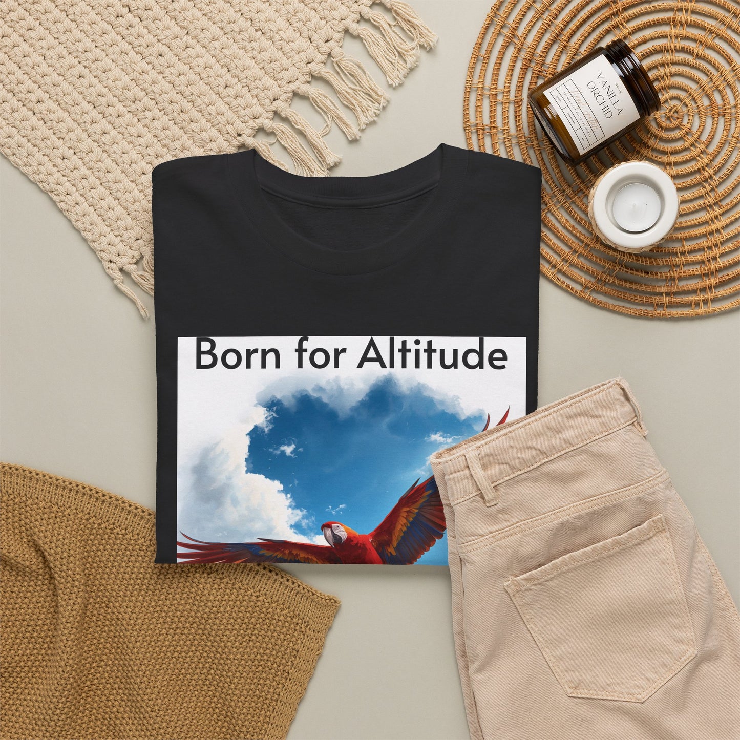 "Born for Altitude, Living in Abundance" Inspirational Scarlet Macaw T‑Shirt